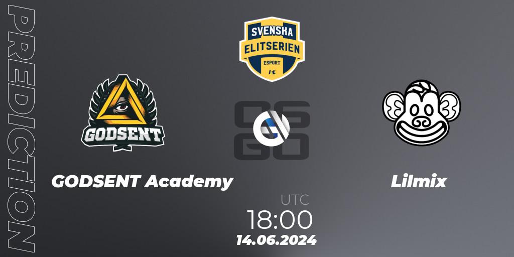 GODSENT Academy contre Lilmix : prédiction de match. 14.06.2024 at 18:00. Counter-Strike (CS2), Svenska Elitserien Spring 2024
