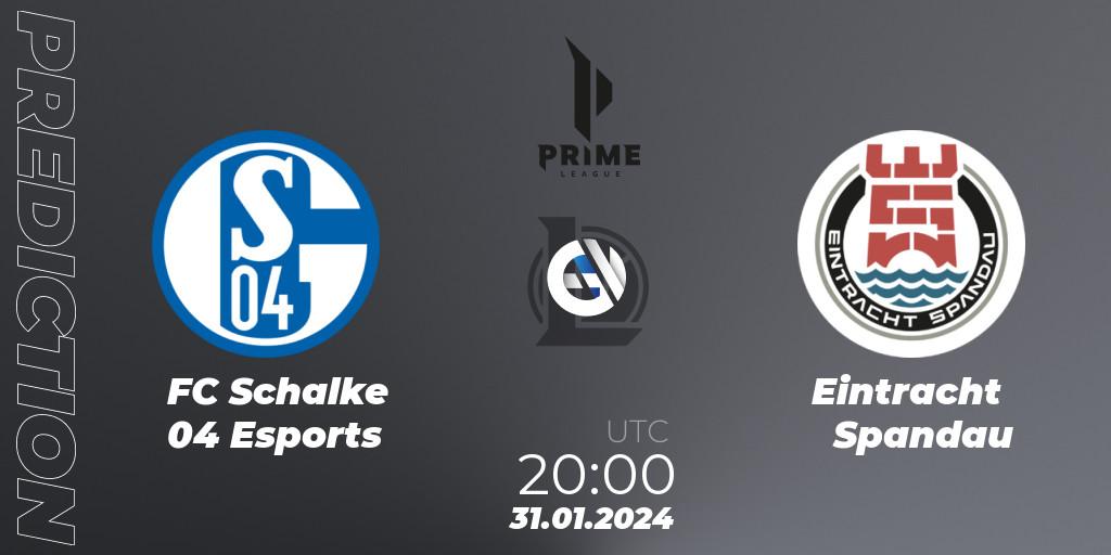 FC Schalke 04 Esports contre Eintracht Spandau : prédiction de match. 31.01.2024 at 20:00. LoL, Prime League Spring 2024 - Group Stage