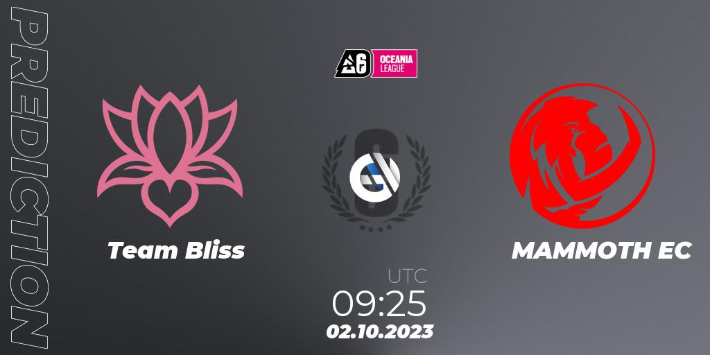 Team Bliss contre MAMMOTH EC : prédiction de match. 02.10.2023 at 09:25. Rainbow Six, Oceania League 2023 - Stage 2