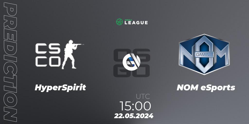 HyperSpirit contre NOM eSports : prédiction de match. 22.05.2024 at 15:00. Counter-Strike (CS2), ESEA Season 49: Advanced Division - Europe