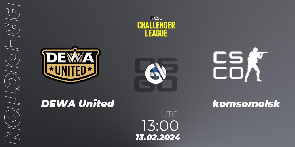 DEWA United contre komsomolsk : prédiction de match. 13.02.2024 at 13:00. Counter-Strike (CS2), ESL Challenger League Season 47: Asia