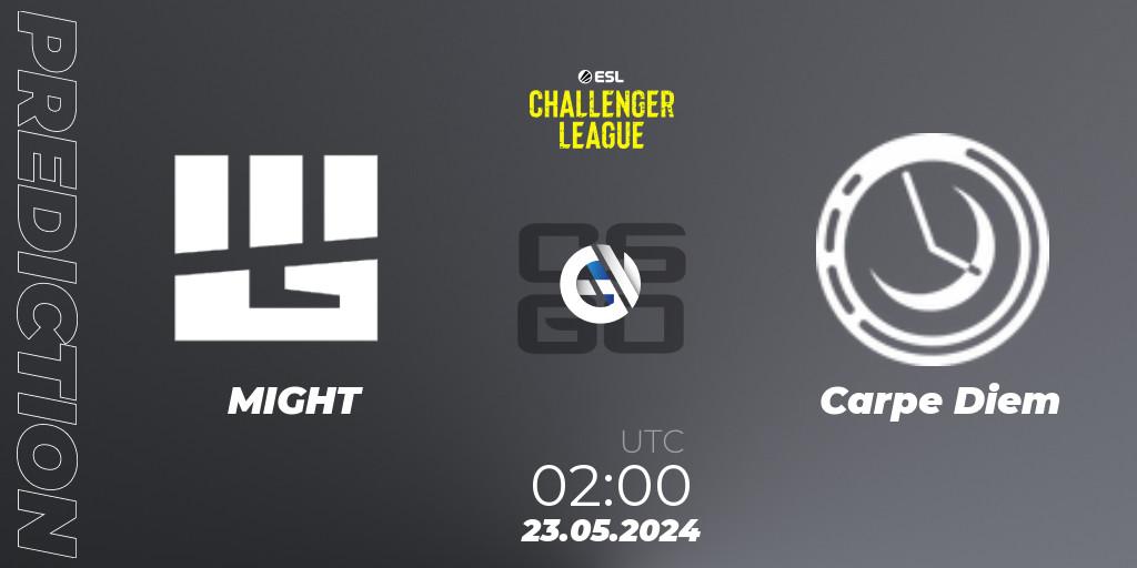MIGHT contre Carpe Diem : prédiction de match. 23.05.2024 at 01:50. Counter-Strike (CS2), ESL Challenger League Season 47: North America