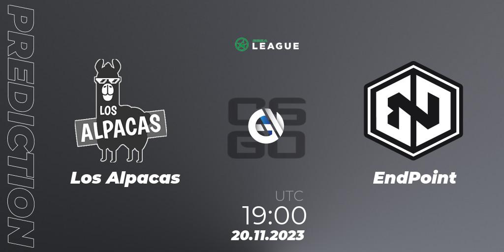 Los Alpacas contre EndPoint : prédiction de match. 20.11.2023 at 19:00. Counter-Strike (CS2), ESEA Season 47: Advanced Division - Europe