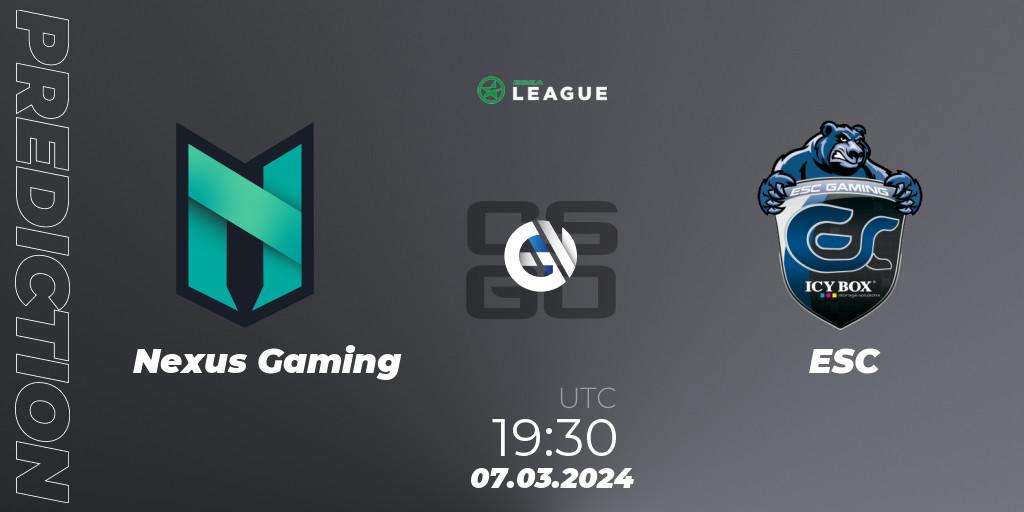 Nexus Gaming contre ESC : prédiction de match. 08.03.24. CS2 (CS:GO), ESEA Season 48: Advanced Division - Europe