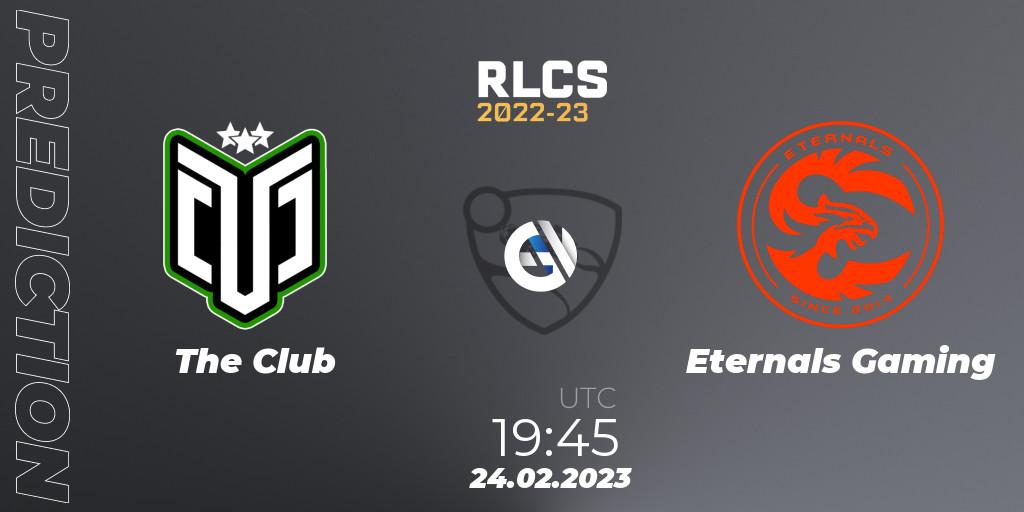 The Club contre Eternals Gaming : prédiction de match. 24.02.2023 at 19:45. Rocket League, RLCS 2022-23 - Winter: South America Regional 3 - Winter Invitational