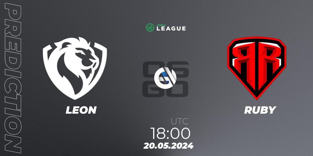 LEON contre RUBY : prédiction de match. 20.05.2024 at 18:00. Counter-Strike (CS2), ESEA Season 49: Advanced Division - Europe