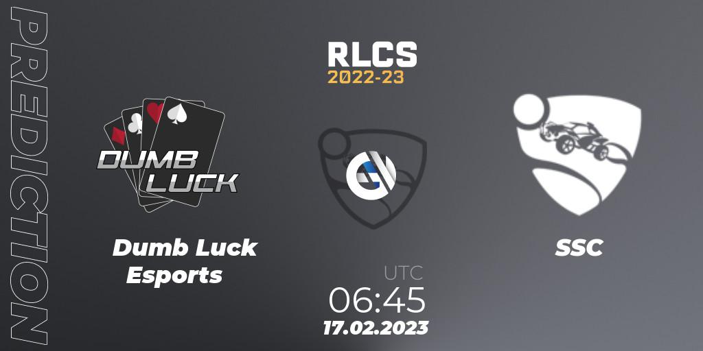 Dumb Luck Esports contre SSC : prédiction de match. 17.02.2023 at 06:45. Rocket League, RLCS 2022-23 - Winter: Oceania Regional 2 - Winter Cup