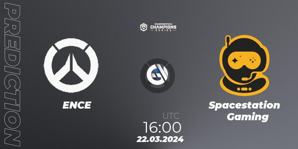 ENCE eSports contre Spacestation Gaming : prédiction de match. 22.03.2024 at 16:00. Overwatch, Overwatch Champions Series 2024 - EMEA Stage 1 Main Event