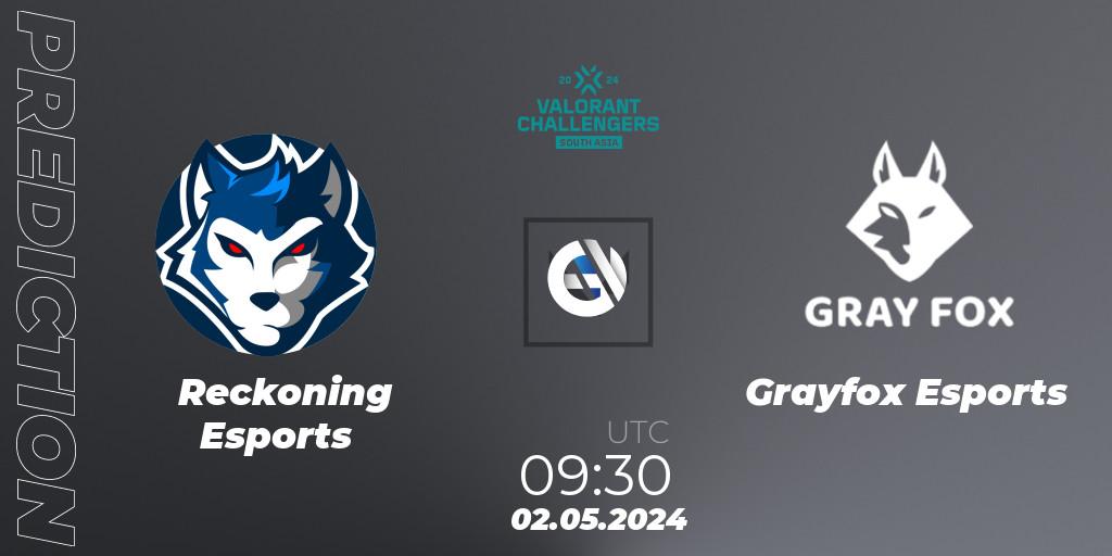 Reckoning Esports contre Grayfox Esports : prédiction de match. 02.05.2024 at 09:30. VALORANT, VALORANT Challengers 2024 South Asia: Split 1 - Cup 2