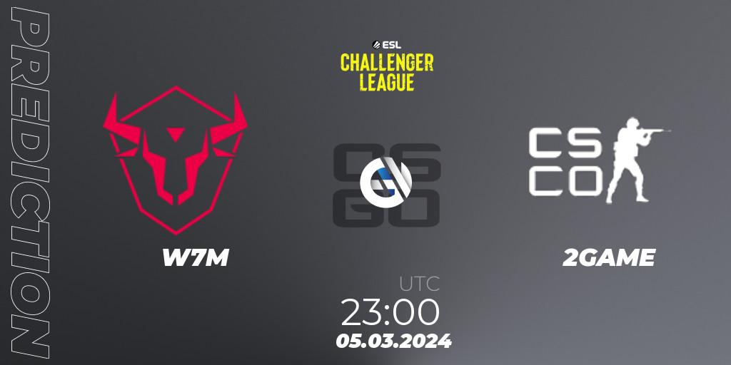 W7M contre 2GAME : prédiction de match. 05.03.2024 at 23:00. Counter-Strike (CS2), ESL Challenger League Season 47: South America