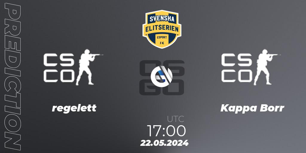 regelett contre Kappa Borr : prédiction de match. 22.05.2024 at 17:00. Counter-Strike (CS2), Svenska Elitserien Spring 2024: Online Stage
