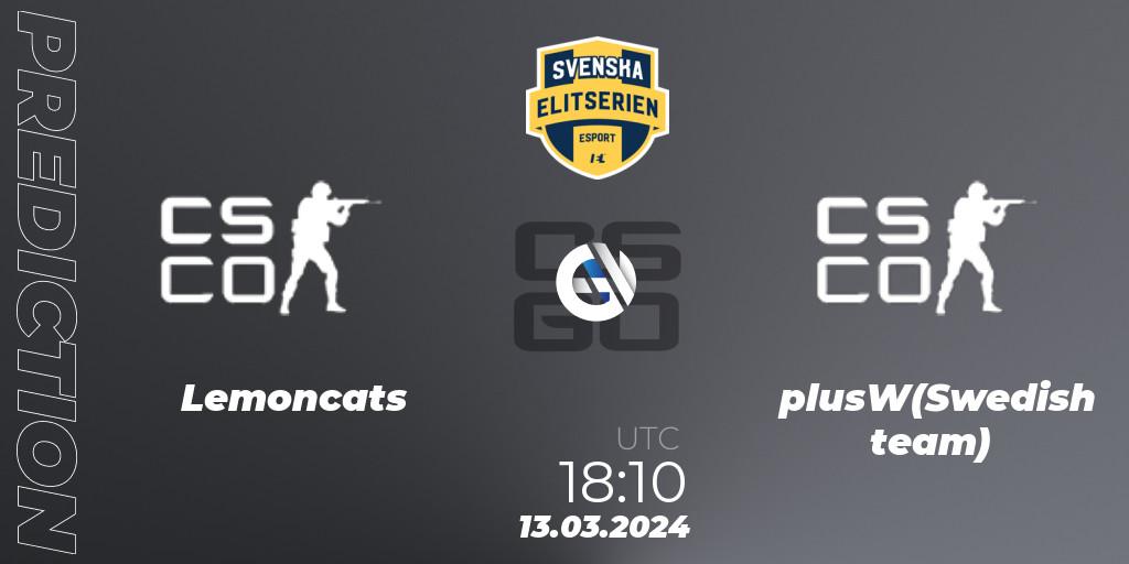 Lemoncats contre plusW(Swedish team) : prédiction de match. 13.03.2024 at 18:10. Counter-Strike (CS2), Svenska Elitserien Spring 2024