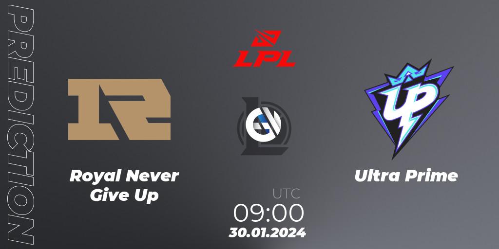 Royal Never Give Up contre Ultra Prime : prédiction de match. 30.01.2024 at 09:00. LoL, LPL Spring 2024 - Group Stage