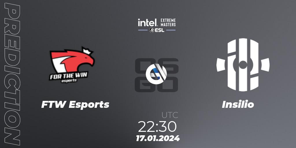 FTW Esports contre Insilio : prédiction de match. 17.01.2024 at 22:30. Counter-Strike (CS2), Intel Extreme Masters China 2024: European Open Qualifier #1