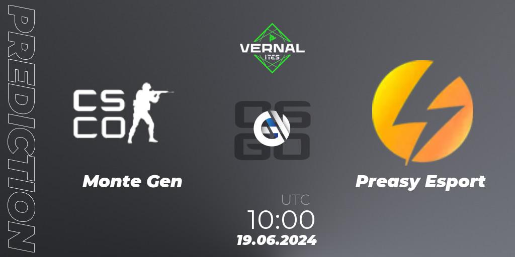 Monte Gen contre Preasy Esport : prédiction de match. 19.06.2024 at 10:00. Counter-Strike (CS2), ITES Vernal