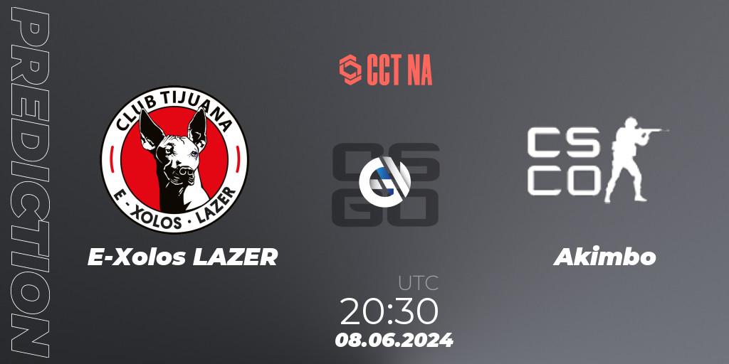 E-Xolos LAZER contre Akimbo : prédiction de match. 08.06.2024 at 20:30. Counter-Strike (CS2), CCT Season 2 North American Series #1