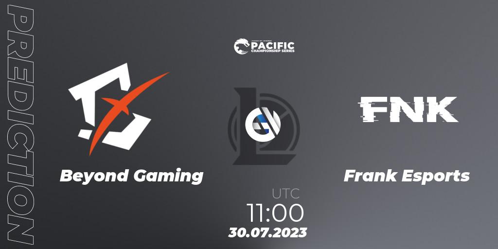 Beyond Gaming contre Frank Esports : prédiction de match. 30.07.2023 at 11:00. LoL, PACIFIC Championship series Group Stage
