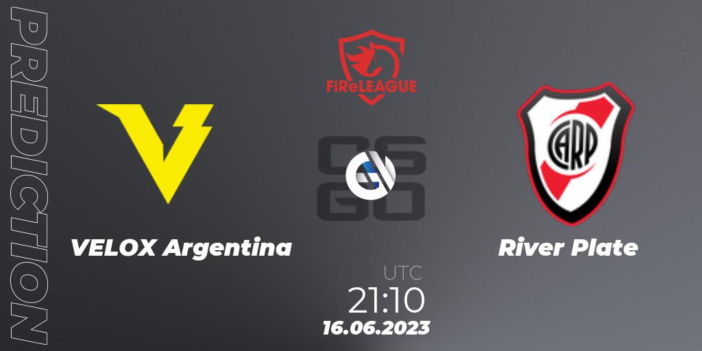 VELOX Argentina contre River Plate : prédiction de match. 16.06.2023 at 21:10. Counter-Strike (CS2), FiReLEAGUE Argentina 2023: Closed Qualifier