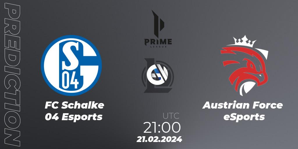 FC Schalke 04 Esports contre Austrian Force eSports : prédiction de match. 18.01.2024 at 21:00. LoL, Prime League Spring 2024 - Group Stage