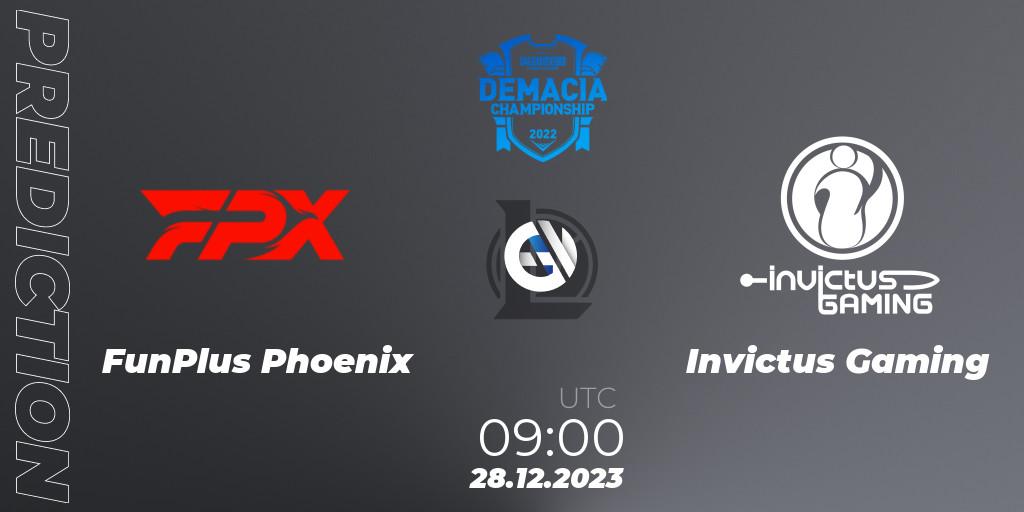 FunPlus Phoenix contre Invictus Gaming : prédiction de match. 28.12.2023 at 08:00. LoL, Demacia Cup 2023 Group Stage