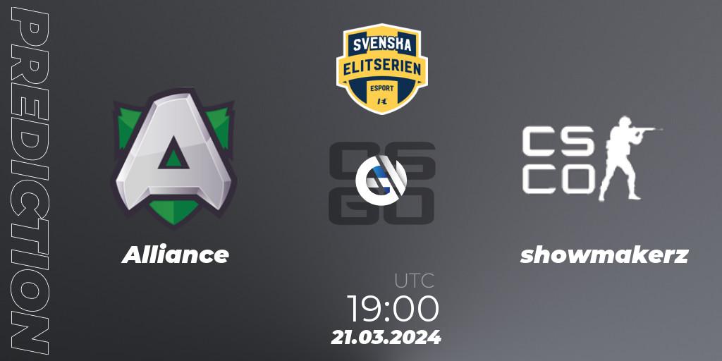 Alliance contre showmakerz : prédiction de match. 21.03.2024 at 19:10. Counter-Strike (CS2), Svenska Elitserien Spring 2024
