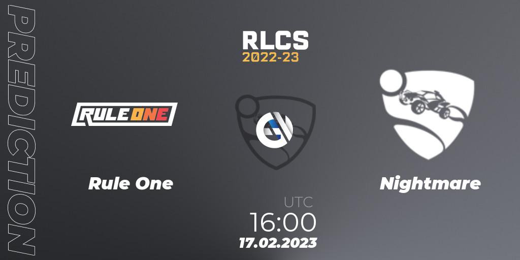 Rule One contre Nightmare : prédiction de match. 17.02.2023 at 16:20. Rocket League, RLCS 2022-23 - Winter: Middle East and North Africa Regional 2 - Winter Cup