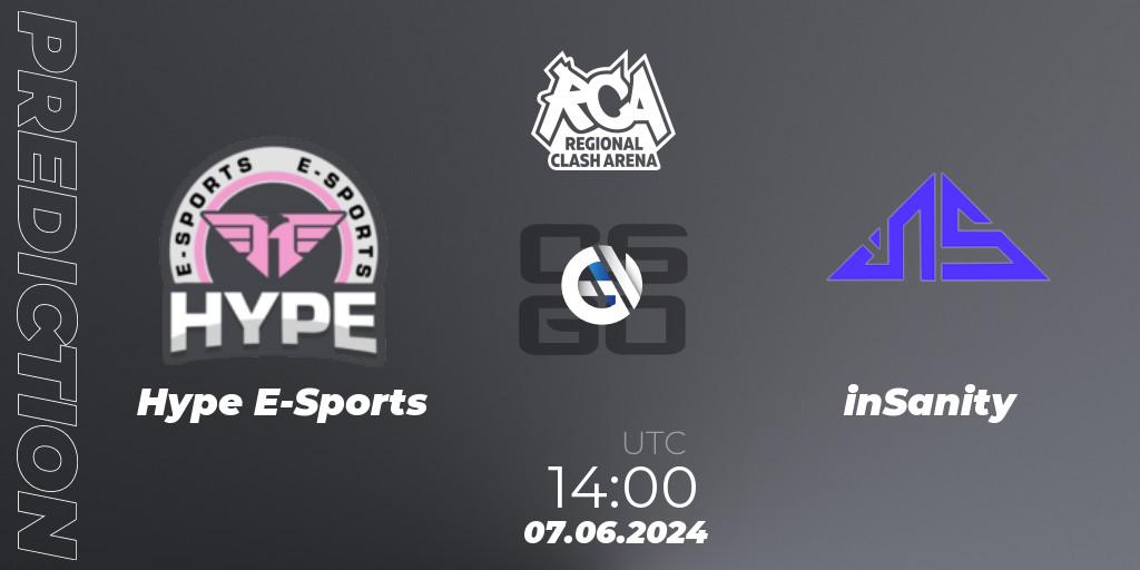Hype E-Sports contre inSanity : prédiction de match. 07.06.2024 at 22:00. Counter-Strike (CS2), Regional Clash Arena South America