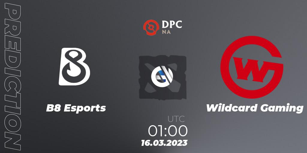 B8 Esports contre Wildcard Gaming : prédiction de match. 16.03.2023 at 02:07. Dota 2, DPC 2023 Tour 2: NA Division I (Upper)