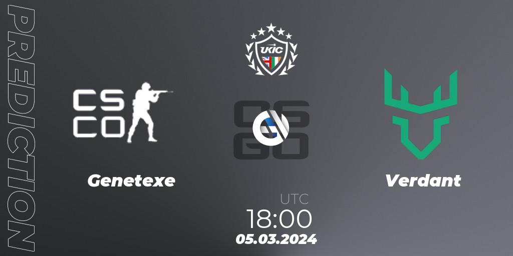 Genetexe contre Verdant : prédiction de match. 05.03.2024 at 18:00. Counter-Strike (CS2), UKIC League Season 1: Division 1