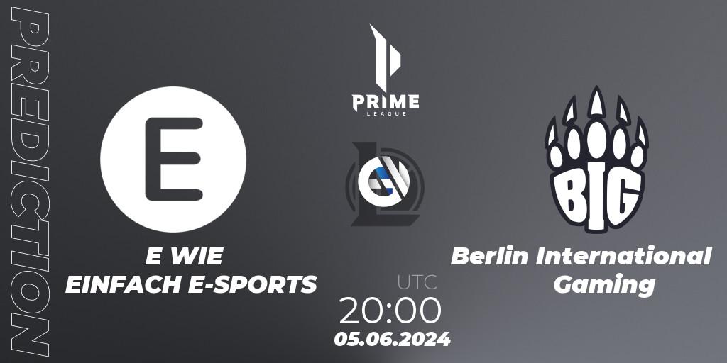 E WIE EINFACH E-SPORTS contre Berlin International Gaming : prédiction de match. 05.06.2024 at 20:00. LoL, Prime League Summer 2024