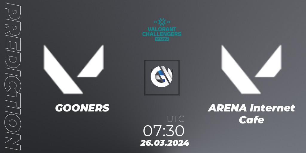 GOONERS contre ARENA Internet Cafe : prédiction de match. 26.03.2024 at 07:30. VALORANT, VALORANT Challengers 2024 Oceania: Split 1