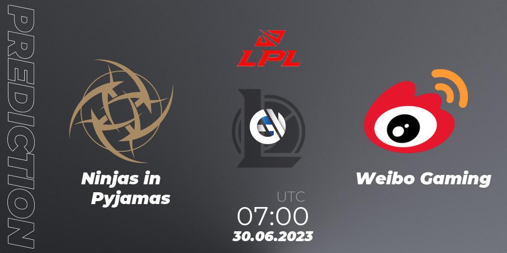 Ninjas in Pyjamas contre Weibo Gaming : prédiction de match. 30.06.2023 at 07:00. LoL, LPL Summer 2023 Regular Season