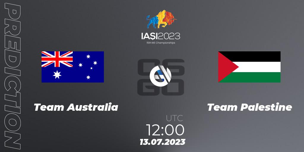Team Australia contre Team Palestine : prédiction de match. 13.07.2023 at 12:00. Counter-Strike (CS2), IESF Asian Championship 2023