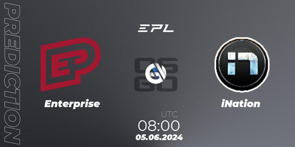 Enterprise contre ex-iNation : prédiction de match. 05.06.2024 at 14:00. Counter-Strike (CS2), European Pro League Season 16