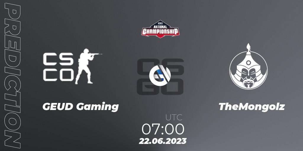 GEUD Gaming contre TheMongolz : prédiction de match. 22.06.2023 at 07:00. Counter-Strike (CS2), ESN National Championship 2023