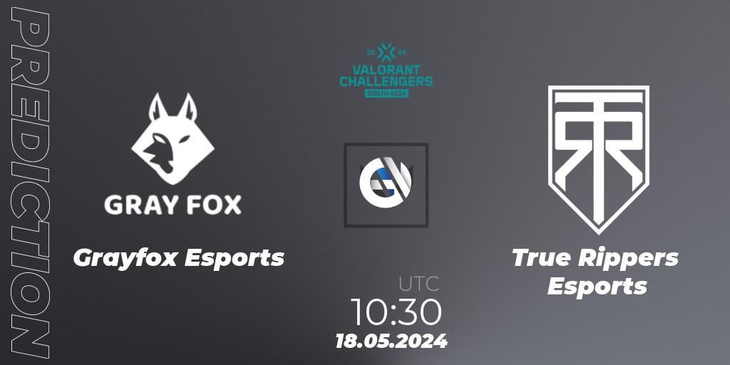 Grayfox Esports contre True Rippers Esports : prédiction de match. 18.05.2024 at 10:30. VALORANT, VALORANT Challengers 2024 South Asia: Split 1 - Cup 2