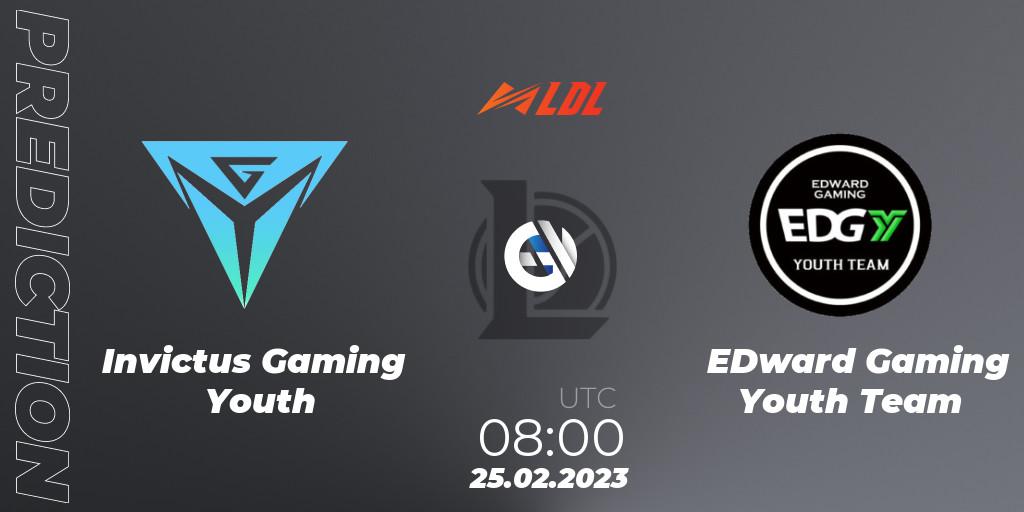 Invictus Gaming Youth contre EDward Gaming Youth Team : prédiction de match. 25.02.2023 at 09:00. LoL, LDL 2023 - Regular Season