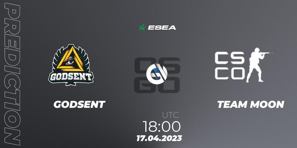 GODSENT contre TEAM MOON : prédiction de match. 04.05.2023 at 15:00. Counter-Strike (CS2), ESEA Season 45: Advanced Division - Europe