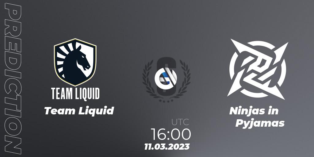 Team Liquid contre Ninjas in Pyjamas : prédiction de match. 11.03.2023 at 16:00. Rainbow Six, Brazil League 2023 - Stage 1