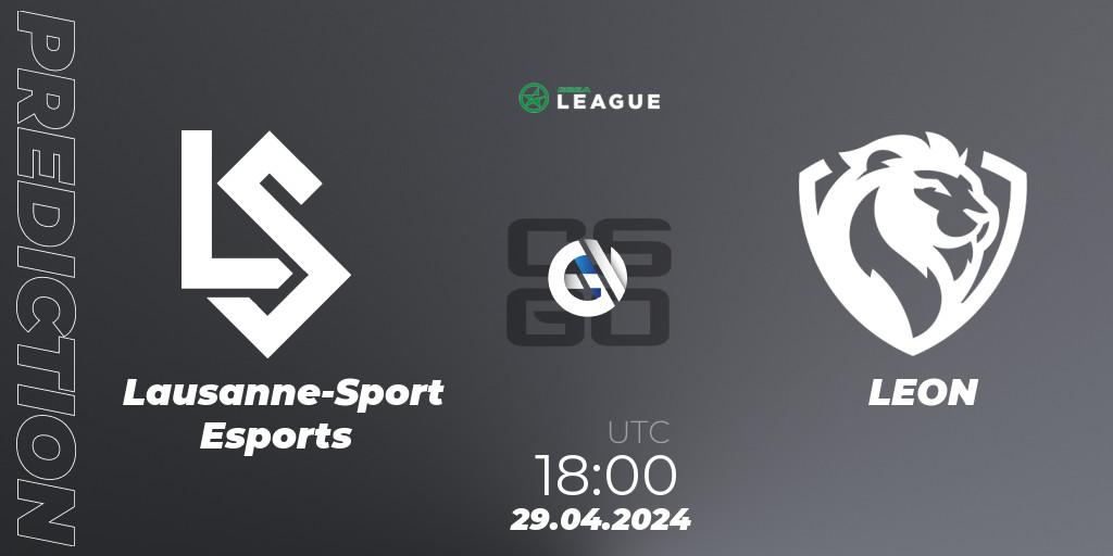 Lausanne-Sport Esports contre LEON : prédiction de match. 29.04.2024 at 18:00. Counter-Strike (CS2), ESEA Season 49: Advanced Division - Europe