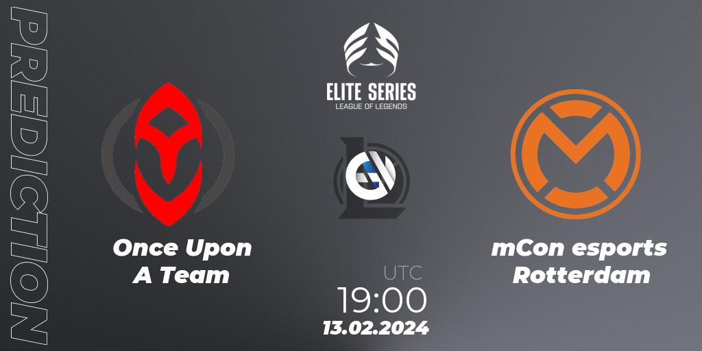 Once Upon A Team contre mCon esports Rotterdam : prédiction de match. 13.02.2024 at 19:00. LoL, Elite Series Spring 2024