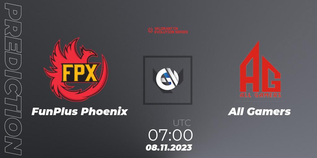FunPlus Phoenix contre All Gamers : prédiction de match. 08.11.2023 at 07:00. VALORANT, VALORANT China Evolution Series Act 3: Heritability - Play-In