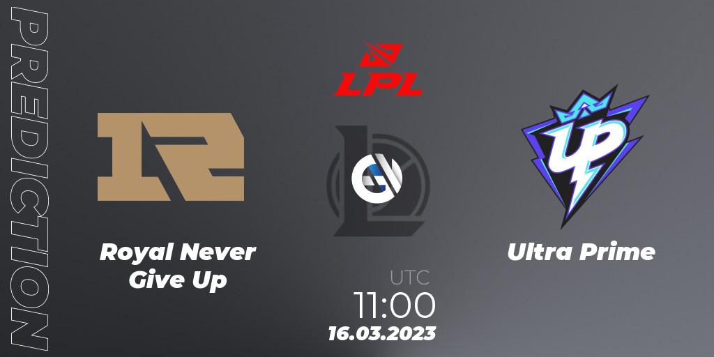 Royal Never Give Up contre Ultra Prime : prédiction de match. 16.03.2023 at 11:20. LoL, LPL Spring 2023 - Group Stage