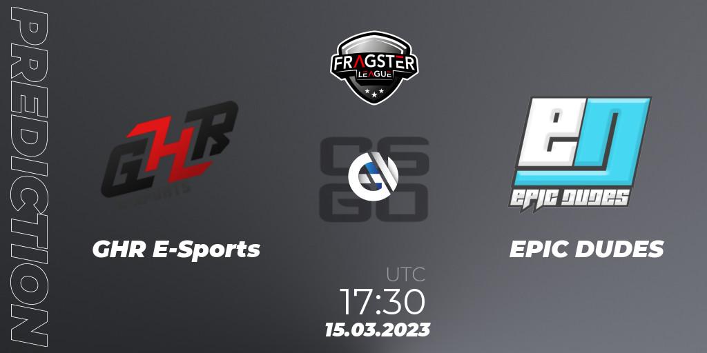 GHR E-Sports contre EPIC DUDES : prédiction de match. 04.04.2023 at 19:30. Counter-Strike (CS2), Fragster League Season 4
