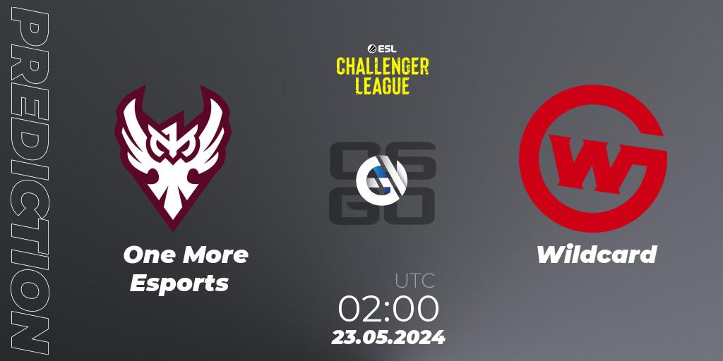 One More Esports contre Wildcard : prédiction de match. 23.05.2024 at 03:00. Counter-Strike (CS2), ESL Challenger League Season 47: North America
