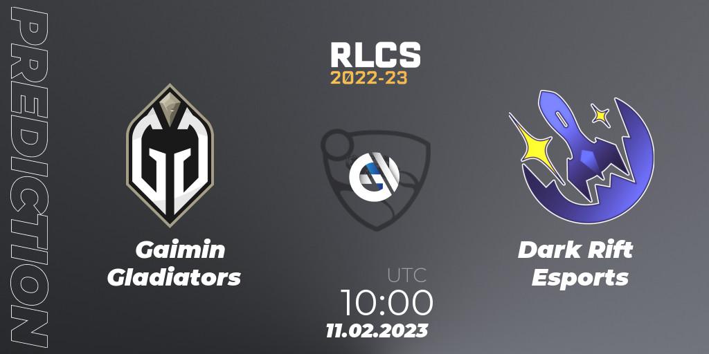 Gaimin Gladiators contre Dark Rift Esports : prédiction de match. 11.02.2023 at 10:00. Rocket League, RLCS 2022-23 - Winter: Asia-Pacific Regional 2 - Winter Cup