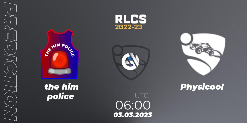 the him police contre Physicool : prédiction de match. 03.03.2023 at 06:00. Rocket League, RLCS 2022-23 - Winter: Oceania Regional 3 - Winter Invitational