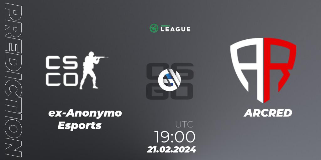 ex-Anonymo Esports contre ARCRED : prédiction de match. 21.02.2024 at 19:00. Counter-Strike (CS2), ESEA Season 48: Advanced Division - Europe