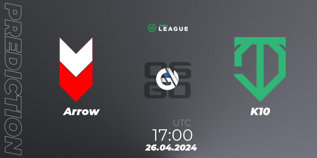 Arrow contre K10 : prédiction de match. 01.05.2024 at 15:00. Counter-Strike (CS2), ESEA Season 49: Advanced Division - Europe