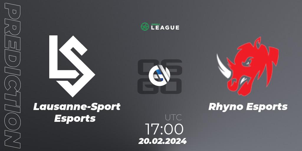 Lausanne-Sport Esports contre Rhyno Esports : prédiction de match. 20.02.2024 at 17:00. Counter-Strike (CS2), ESEA Season 48: Advanced Division - Europe